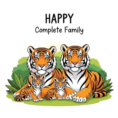 A heartwarming illustration of a realistic yet friendly tiger family (two adult tigers, one older cub, one baby cub) resting together in a lush green jungle clearing, bathed in soft sunlight. Above them, the cheerful text 'HAPPY Complete Family' in a friendly, handwritten style. Detailed fur texture, gentle expressions, and a serene atmosphere.