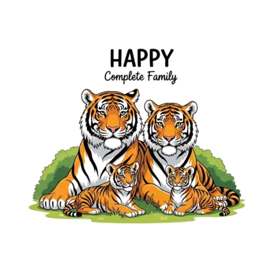 A heartwarming illustration of a realistic yet friendly tiger family: a strong father tiger, a gentle mother tiger, a playful 7-year-old female cub, and a curious younger male cub. They are all resting together in a lush green jungle clearing, bathed in soft sunlight. Above them, the cheerful text 'HAPPY Complete Family' in a friendly, handwritten style. Detailed fur texture, gentle expressions, and a serene atmosphere.