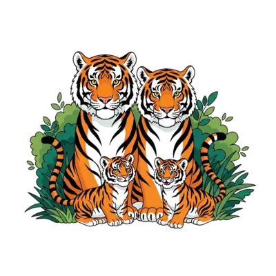 A heartwarming, realistic yet child-friendly illustration of a tiger family: two adult tigers and two playful cubs. They are depicted in a lush, green jungle setting, with dominant orange and black stripes, capturing a sense of togetherness and warmth.