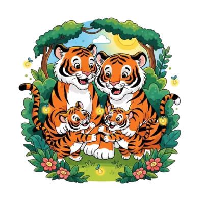 A vibrant, child-friendly illustration of a tiger family (two adults, two cubs) joyfully playing together in a sun-drenched, lush green jungle. The cubs are playfully pouncing on each other, while the parents watch with warm, happy expressions. Bright flowers and sparkling fireflies add to the cheerful atmosphere.