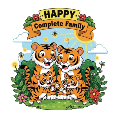 A vibrant, child-friendly illustration of a happy tiger family (two adults, two cubs) joyfully playing together in a sun-drenched, lush green jungle. The cubs are playfully pouncing on each other, while the parents watch with warm, happy expressions. Bright flowers and sparkling fireflies add to the cheerful atmosphere, and a decorative banner above them proudly displays the quote 'HAPPY Complete Family' in a playful, bold font.