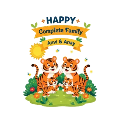 A vibrant, child-friendly illustration of a happy tiger family (two adults, two cubs) joyfully playing together in a sun-drenched, lush green jungle. The cubs are playfully pouncing on each other, while the parents watch with warm, happy expressions. Bright flowers and sparkling fireflies add to the cheerful atmosphere. A decorative banner above them proudly displays the quote 'HAPPY Complete Family' in a playful, bold font, and a smaller, charming banner below features 'Anvi & Anay' in a complementary font.