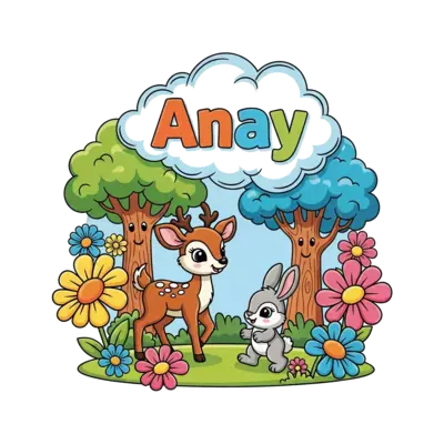 A whimsical illustration of a baby deer and a baby bunny playing among oversized, colorful flowers and friendly trees in a vibrant forest. The name "Anay" is playfully integrated into a cloud or banner above, in a cheerful, cartoon style.