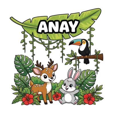 A whimsical and colorful illustration of a baby deer and a baby bunny playing hide-and-seek amidst a vibrant, lush jungle. They are surrounded by giant monstera leaves, hanging vines, and bright tropical flowers like hibiscus. A friendly toucan perches on a branch in the background. The name "Anay" is playfully integrated into a banner made of a large, cheerful banana leaf, floating above them. Cheerful, cartoon style.
