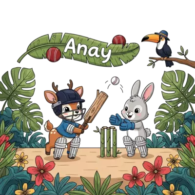 A cheerful, whimsical cartoon illustration. A cute baby deer in a tiny cricket helmet and pads, holding a miniature wooden bat made from a branch. A playful baby bunny wearing wicketkeeping gloves, ready behind makeshift stumps formed from bamboo shoots. They are playing cricket in a vibrant jungle clearing, surrounded by giant monstera leaves and bright tropical flowers. A friendly toucan perches on a nearby branch, wearing a tiny umpire's hat. The name 'Anay' is playfully integrated into a banana leaf banner, decorated with subtle cricket ball stitches, floating above them. Colorful, child-friendly, bright.