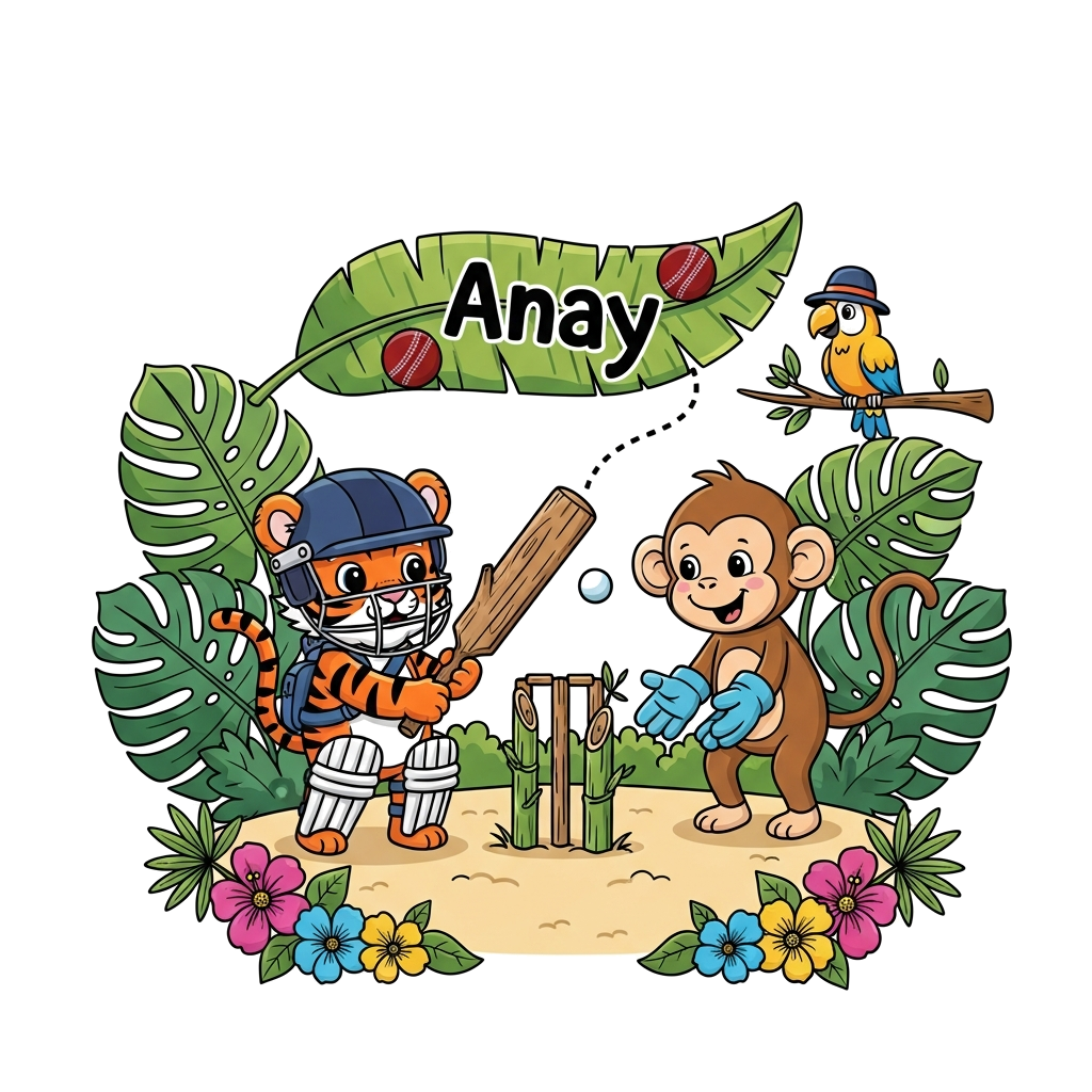 Custom design: A cheerful, whimsical cartoon illustration. A cute baby tiger cub in a tiny cricket helmet and pads, holding a miniat...