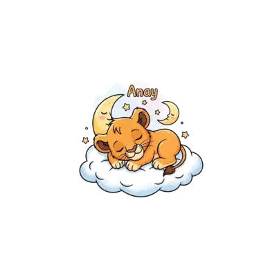 A super cute, cartoon baby lion cub sleeping peacefully on a fluffy cloud, surrounded by tiny golden stars and a crescent moon, with the name 'Anay' subtly integrated above, in a soft pastel watercolor style.