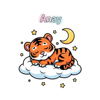 A super cute, cartoon baby tiger cub sleeping peacefully on a fluffy cloud, surrounded by tiny golden stars and a crescent moon, with the name 'Anay' subtly integrated above, in a soft pastel watercolor style.