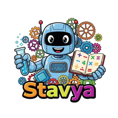 A super friendly cartoon robot holding a glowing test tube and a book with math symbols, surrounded by colorful gears and computer chips, with 'Stavya' written in a futuristic font, vibrant and playful style.