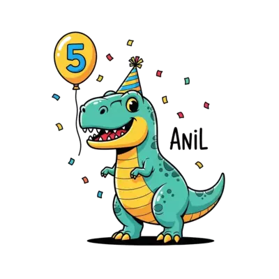 A vibrant cartoon illustration of a friendly T-Rex wearing a party hat, holding a balloon with the number 5, with colorful confetti falling around, and the name 'Anil' subtly integrated into the scene. Playful, bright colors.