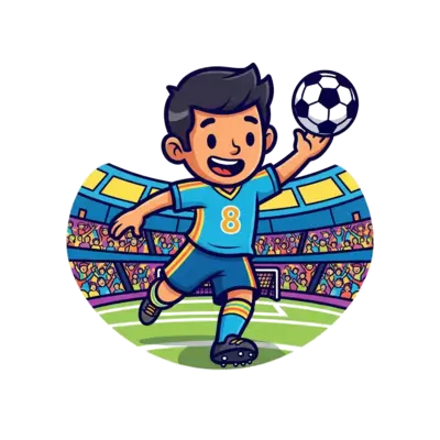 A vibrant cartoon illustration of a happy football player, Dheeran, scoring a goal in a stadium filled with cheering fans, number 8 visible on his jersey, with a playful and energetic vibe, bright colors.