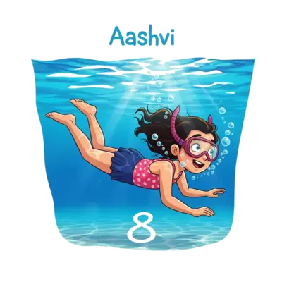 A realistic illustration of a joyful girl named Aashvi, 8 years old, gracefully swimming underwater in a clear blue pool, surrounded by gentle bubbles and sunlit refractions, with a subtle number '8' formed by light at the bottom.