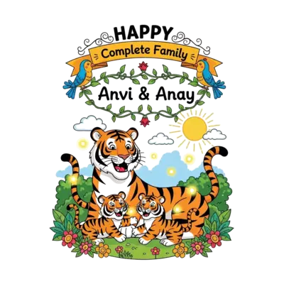 A heartwarming illustration of a happy tiger family (two adults, two cubs) enjoying a playful moment in a lush, sun-drenched jungle, dotted with colorful flowers and glowing fireflies. The cubs are playfully interacting, and the parents have joyful expressions. Above them, a decorative banner holds the quote 'HAPPY Complete Family' in a bold, friendly font. Integrated charmingly into the scene, perhaps formed by vines or held by two friendly jungle birds, are the names 'Anvi & Anay' in a delightful, child-like script.