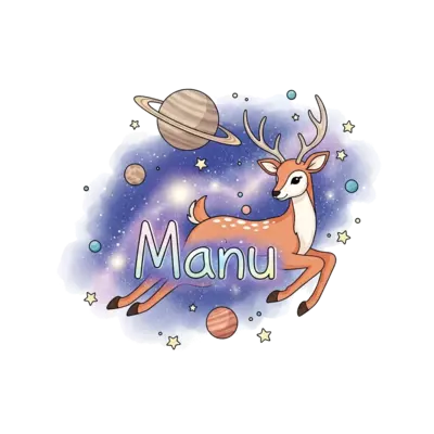 A whimsical and dreamy illustration of a graceful, stylized deer with delicate antlers, floating gently through a soft, starry night sky filled with glowing planets and shimmering nebulae. The name 'Manu' is subtly integrated into the cosmic dust, rendered in a pastel watercolor style.