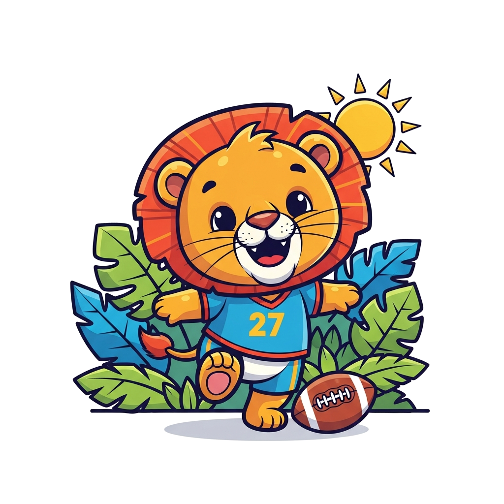 Custom design: A very cute, friendly cartoon lion cub wearing a tiny sports jersey, kicking a colorful football with a big smile, su...