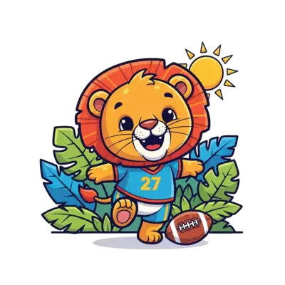 Design: A very cute, friendly cartoon lion cub wearing a tiny sports jersey, kicking ...