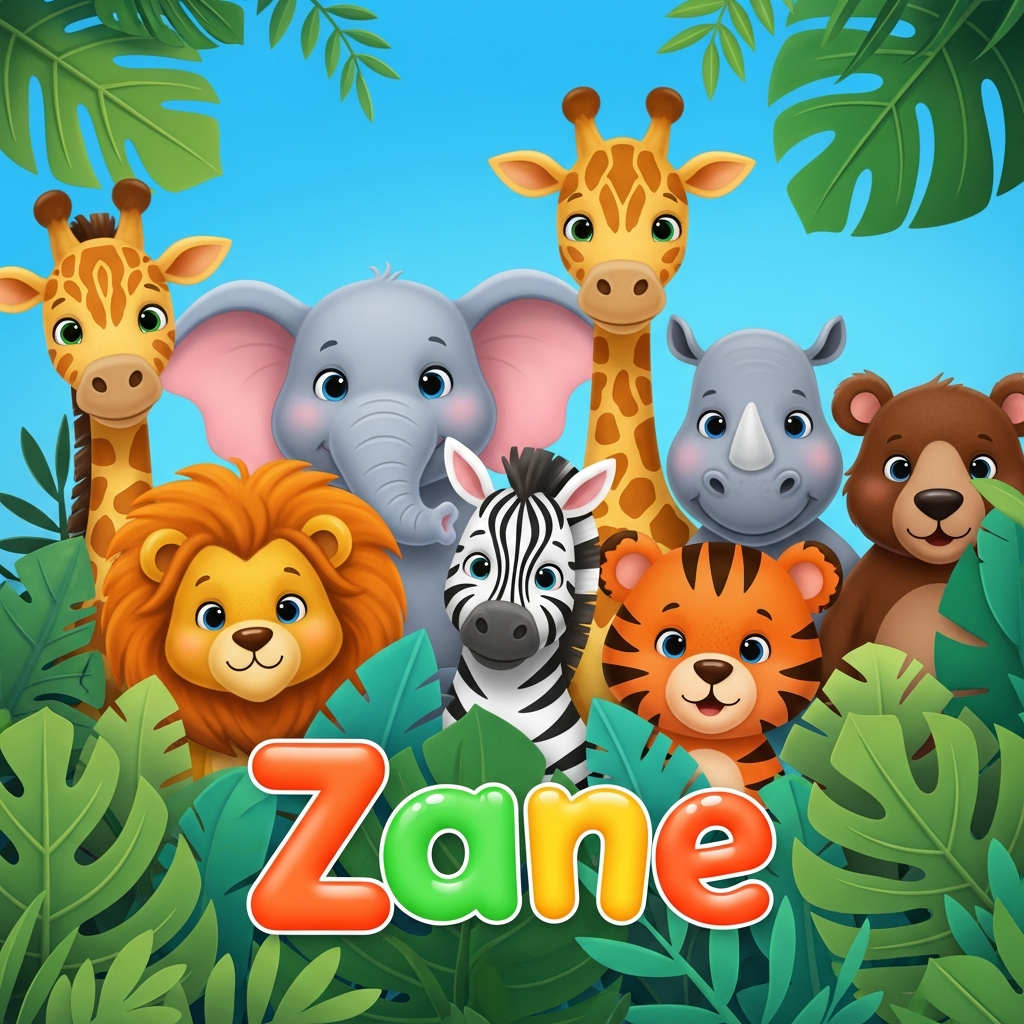 Custom design: A vibrant and playful cartoon illustration of a friendly lion, elephant, zebra, giraffe, rhino, tiger, and bear peeki...