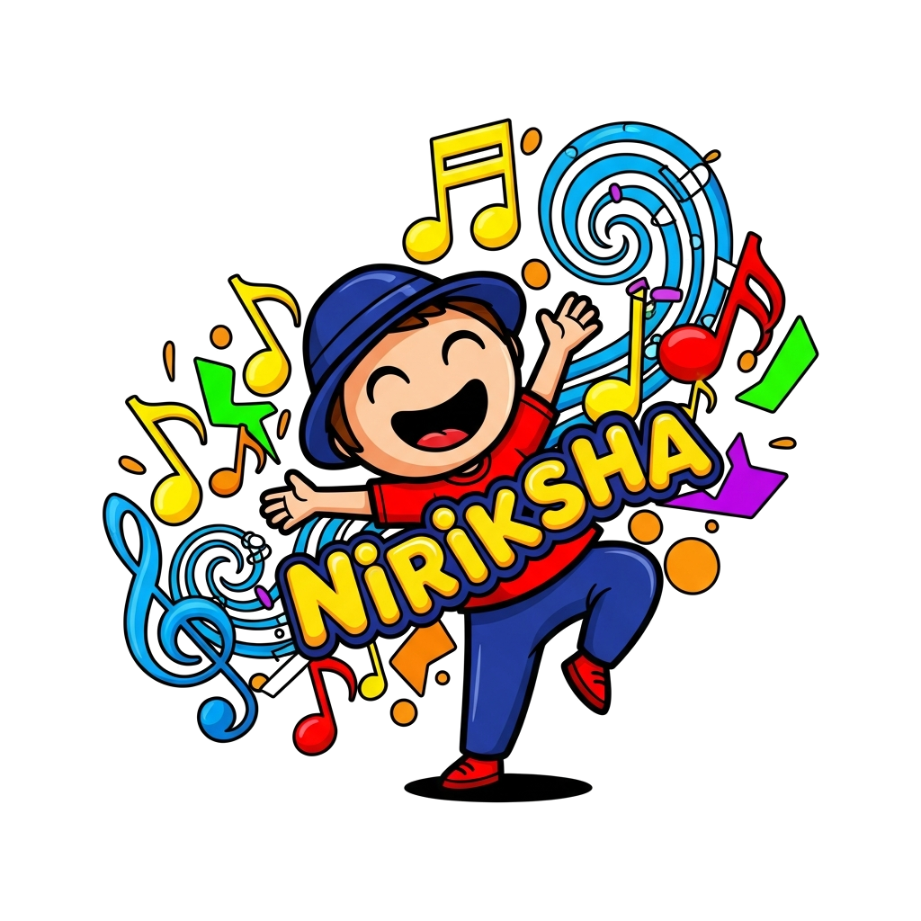Custom design: A joyful cartoon character, with the name 'Niriksha' playfully incorporated, dancing amidst a dynamic swirl of vibran...