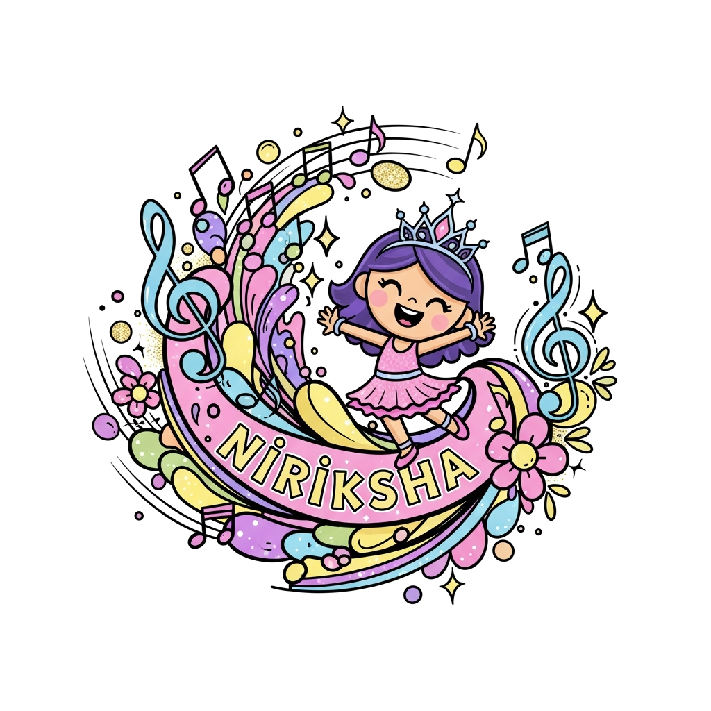 Custom design: A joyful cartoon character, a cute girl with a sparkling tiara, dancing amidst a dynamic swirl of vibrant musical not...