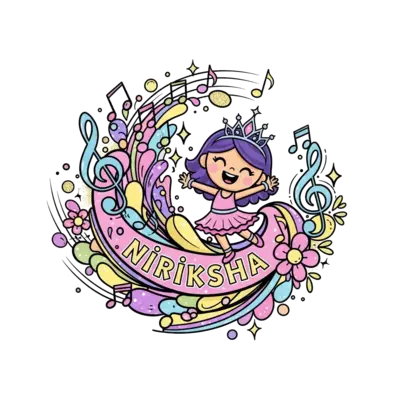 Design: A joyful cartoon character, a cute girl with a sparkling tiara, dancing amids...