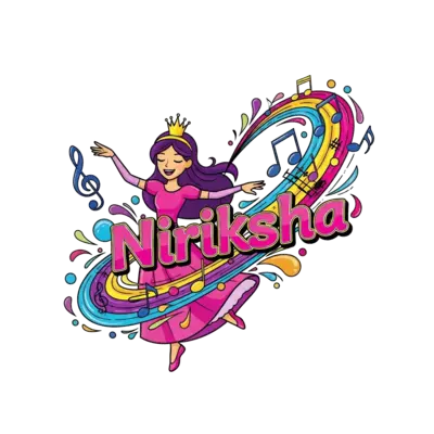 A joyful cartoon princess, wearing a sparkly crown and a flowing gown, dancing gracefully amidst a dynamic swirl of vibrant musical notes, treble clefs, and abstract colorful shapes, with 'Niriksha' elegantly integrated into the design, energetic and cheerful, using bright pinks, purples, and gold, digital illustration style.