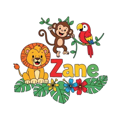 A vibrant cartoon illustration of a happy baby lion cub, a playful monkey, and a cheerful parrot swinging on a vine, surrounded by lush green leaves and exotic flowers. The name 'Zane' is incorporated playfully into the design, all in a bright and colorful style.