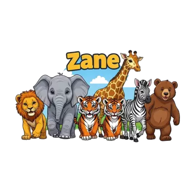 A cheerful parade of realistic yet friendly jungle animals: a lion cub, a baby elephant, a tiger cub, a giraffe, a zebra, and a bear, walking together with playful expressions. The name 'Zane' written in a bold, adventurous font, integrated above the animals. Detailed fur and skin textures, vibrant natural colors, sunny outdoor setting.