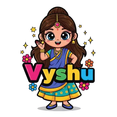 A vibrant cartoon illustration of a cheerful Indian princess, with big expressive eyes and a playful pose, surrounded by sparkling stars and flowers, with the name 'Vyshu' incorporated playfully into the design, bold and colorful style.