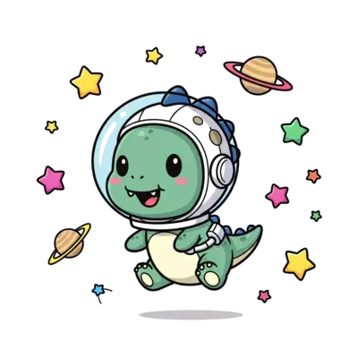 A super cute cartoon baby dinosaur wearing a tiny astronaut helmet, floating happily among colorful stars and planets in a vibrant space scene, anime chibi style.