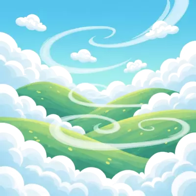 A charming cartoon illustration of fluffy white clouds and gentle mist swirling around soft, rolling green hills, with a sense of peace and serenity, vibrant and child-friendly art style.
