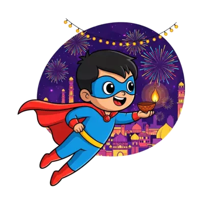 A cute, stylized cartoon superhero child with a cape, flying gracefully over a brightly lit Indian city during Diwali night, holding a glowing diya. The background features colorful fireworks and festive lights, in a vibrant, modern playful art style.