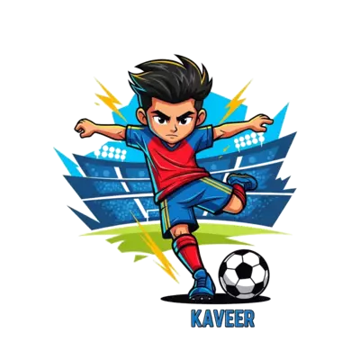 A dynamic, bold illustration of a young, stylized cartoon football player named Kaveer, mid-kick with a soccer ball, striking a powerful pose reminiscent of Messi. Vibrant colors like electric blue, red, and gold, with energetic lines and a cool, slightly abstract stadium background.