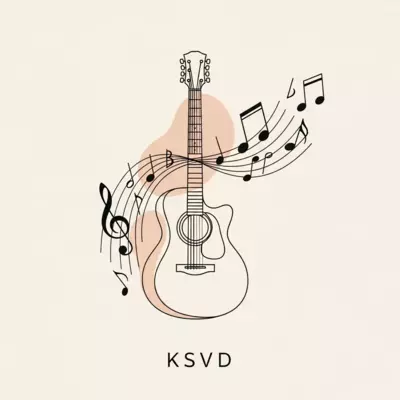 A minimalist line art illustration of a guitar with abstract musical notes flowing around it, in a sophisticated artistic style, with the text 'KSVD' elegantly integrated below, on a clean background.