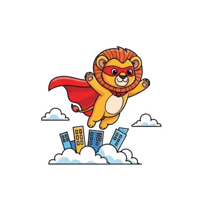 A brave cartoon lion cub, with a flowing red cape and a small superhero mask, soaring above a stylized cityscape with fluffy clouds, vibrant and cheerful illustration, for children.