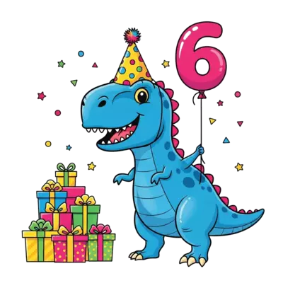A cheerful cartoon T-Rex dinosaur wearing a party hat, playfully holding a large number '6' balloon, surrounded by colorful confetti and a stack of birthday presents, in a vibrant, cute cartoon style.