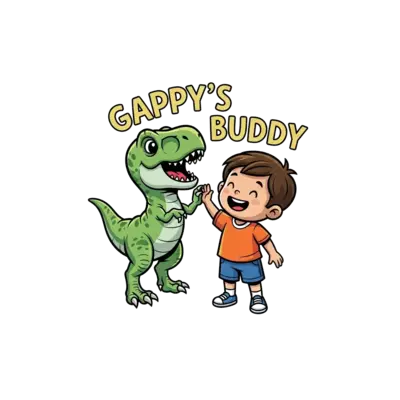 A super cute baby Tyrannosaurus Rex high-fiving a friendly, stylized human child, both smiling broadly. Text 'Gappy's buddy' floats playfully above them. Vibrant cartoon style, isolated on a white background.