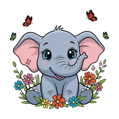 A super cute baby elephant with big, sparkling eyes, smiling sweetly amidst colorful flowers and fluttering butterflies, in a cheerful cartoon style, vibrant and playful.