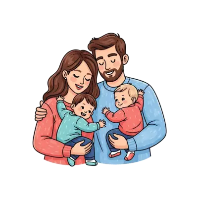 A heartwarming illustration of a family of four (mother, father, older son, baby son). The parents are gently carrying their children, all smiling. Soft, pastel colors, hand-drawn style, cozy and loving atmosphere.