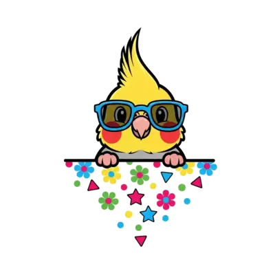 A super cute cartoon cockatiel with its signature yellow crest and rosy cheeks, playfully peeking out from behind a shower of colorful confetti and stylized floral motifs, in a vibrant and cheerful vector art style.
