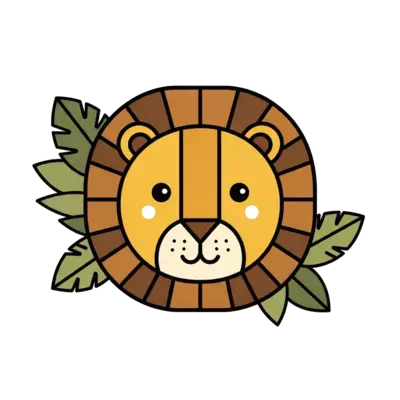 A minimalist illustration of a friendly lion's face, composed of simple geometric shapes and clean lines, with a few stylized jungle leaves subtly integrated around it, in a warm, earthy color palette.