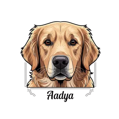 A realistic and artistic digital painting of a majestic Golden Retriever looking directly at the viewer, with soft, detailed fur and expressive eyes. The name 'Aadya' is elegantly incorporated into a subtle, decorative border around the portrait.
