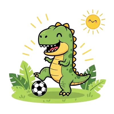 A cute cartoon T-Rex dinosaur joyfully kicking a football on a grassy field, with playful jungle leaves and a bright sun in the background, vibrant colors, kawaii style.