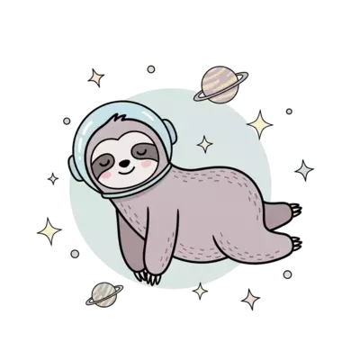 A whimsical illustration of a friendly astronaut sloth floating gently in pastel colored space, surrounded by soft glowing stars and planets in muted tones, dreamlike cartoon style.