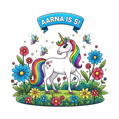 A vibrant, playful illustration of a magical unicorn with a shimmering mane and tail, standing in a lush, colorful garden filled with fantastical flowers and tiny, sparkling fairies. A banner above reads 'Aarna is 5!' in a cheerful, bubbly font.
