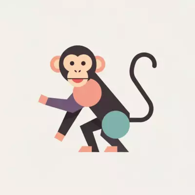 A minimalist geometric illustration of a playful monkey, composed of simple, clean shapes in a modern pastel color palette, on a plain background, vector art style.