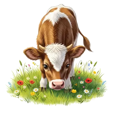 A highly detailed and realistic illustration of a playful calf, with intricate fur textures and expressive eyes, grazing in a sunny green meadow with small wildflowers, vibrant and lifelike, children's book illustration style.