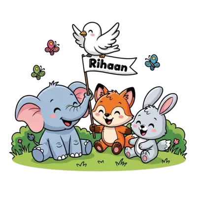 A joyful cartoon scene with a baby elephant, a playful fox, and a fluffy rabbit all smiling and playing in a lush green meadow, with colorful butterflies fluttering around. The name 'Rihaan' is written in a cheerful, bubbly font on a small banner held by a cute cartoon dove. Bright and vibrant colors, kawaii style.