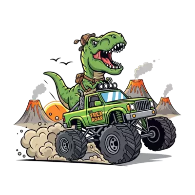 A mighty T-Rex roaring from behind the wheel of a rugged monster truck, driving through a dusty, prehistoric landscape, with volcanoes in the background, cool and adventurous cartoon style, vibrant colors.