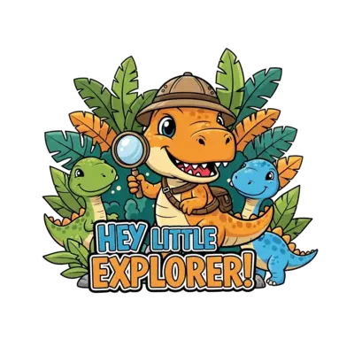 A cheerful, cute cartoon baby T-Rex wearing a tiny explorer hat, holding a magnifying glass, surrounded by lush jungle foliage and other friendly, small cartoon dinosaurs. The phrase "Hey Little Explorer!" integrated playfully into the scene, vibrant and colorful style.