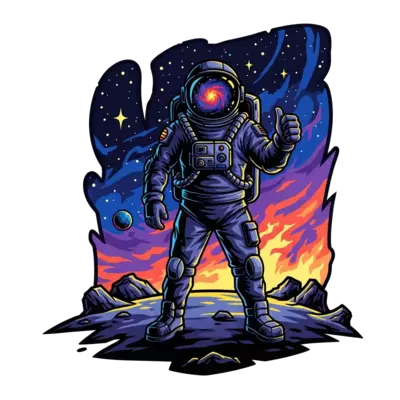 A confident, stylized astronaut character in a sleek, futuristic suit, standing on a rugged alien planet with a dramatic, swirling nebula and distant stars in the background. Bold lines, strong shadows, and a vibrant color palette of deep blues, purples, and fiery oranges.